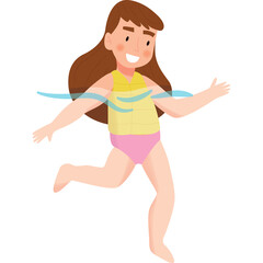 Smiling Young Girl With Long Brown Hair Wearing A Yellow Life Vest And Pink Swimsuit Running Joyfully With Arms Outstretched In Transparent Water With Light Blue Waves