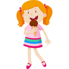 Smiling Young Girl With Pigtails Eating A Chocolate Ice Cream Cone Wearing A Pink Shirt And Striped Skirt And Pink Shoes On A Transparent Background
