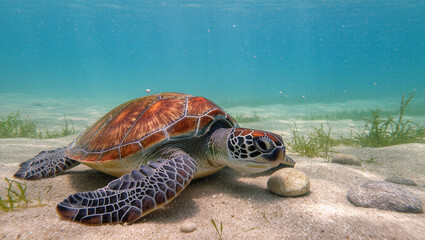 Gentle sea turtle resting on sandy seabed in clear turquoise water, a serene underwater scene perfect for ocean conservation and marine life campaigns