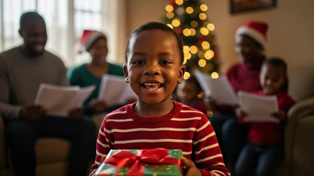 Happy young African American boy holding a colorful Christmas gift, smiling at the camera while his family sings carols in the festive living room.