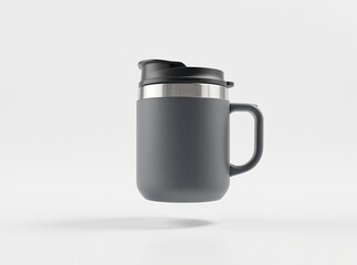 Modern gray insulated travel mug with handle and lid floating on white background