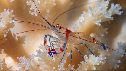 Underwater macro world featuring a vibrant red and blue shrimp elegantly perched on soft coral, bringing the ocean's beauty to life