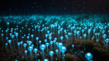 Glowing mushrooms create a magical bioluminescent forest, perfect for fantasy, sci-fi, or dreamy nature scenes with a mystical and enchanting atmosphere