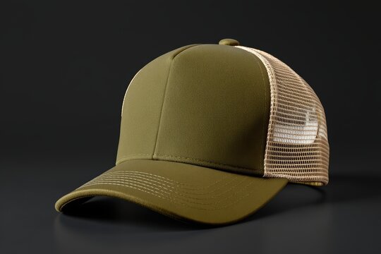 Olive green trucker cap with beige mesh back on dark background, showcasing modern casual fashion accessory design
