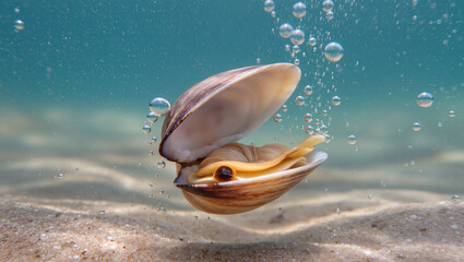 Underwater clam resting on the sandy ocean floor with sunlit bubbles rising gracefully above, a serene scene perfect for nature and ocean conservation themes