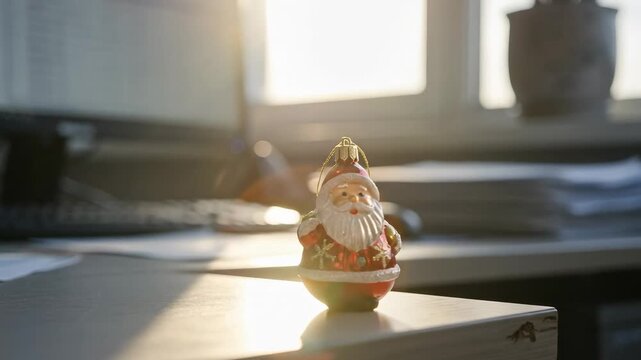 Santa Claus ornament on a modern office desk with computer and papers, illuminated by warm morning sunlight from a window, symbolizing holiday spirit at work.