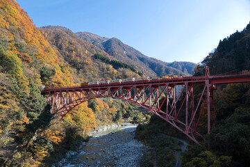 新山彦橋の橋梁を渡るトロッコ電車