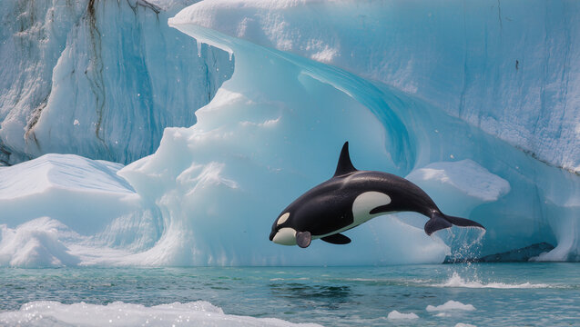 Spectacular orca whale breaching icy waters in stunning glacial landscape, a majestic wildlife scene perfect for conservation and adventure themes