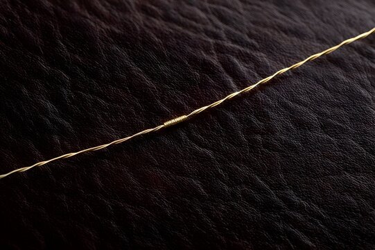 A Single Strand of Gold Thread on a Luxurious Leather Surface Creates Minimalist Elegance.