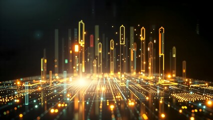 digital cityscape with floating vertical glass particle on gold golden neon digital electronic circuit matrix landscape, sci-fi dark night background