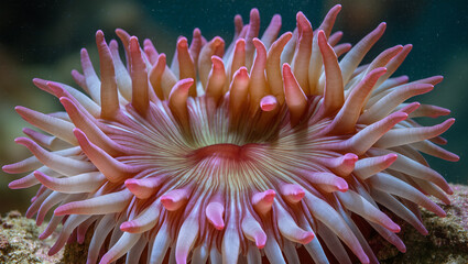 Stunning pink tipped sea anemone tentacles sway gently in the ocean current, a vibrant underwater bloom perfect for ocean conservation and aquatic life themes