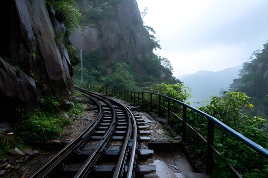 Scenic Mountain Railway Engineering Achievement Featuring Dramatic Switchback Turns Through Elevated Alpine Terrain Landscape