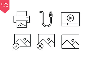Set of line icons related to photo printer, USB cable, video player screen,  image accepted, image rejection, landscape image. Editable stroke. Vector illustration