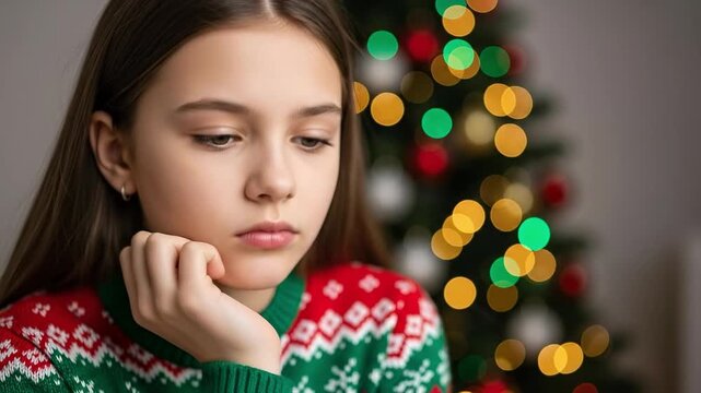 Sad preteen girl in a festive Christmas sweater with a blurred holiday tree in the background, feeling lonely during the winter season.