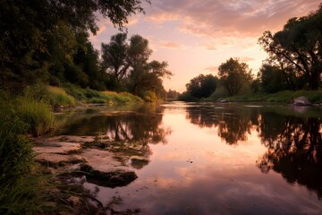 A Beautiful Sunset Reflecting on the Surface of a Quiet River Near an Abandoned Bridge.