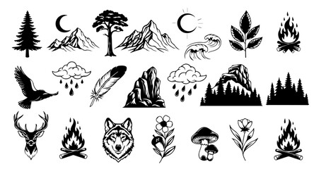 Naklejka premium Create stunning nature designs with these detailed black and white camping and outdoor elements