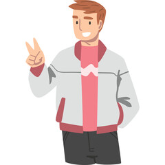 Smiling Young Man Wearing A Light Gray Bomber Jacket With Pink Accents And A Pink T Shirt Showing A Peace Sign With His Fingers Against A Transparent Background