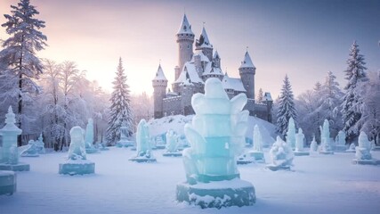 Snowy castle with ice sculptures under a soft pink sky