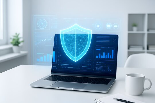 Modern minimal office desk featuring a laptop projecting a blue holographic user interface with charts, icons, and digital security elements.