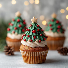 Festive Christmas Tree Cupcakes with Green Frosting and Star Topper on Winter Bokeh Background 