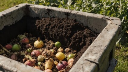 A rectangular compost bin filled with decaying organic matter, fruits, and vegetables