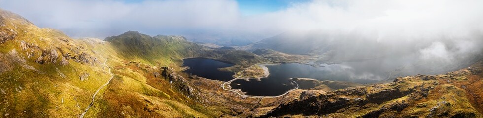 Pyg Track over Llyn Llydaw lake from a drone, Pen-y-Pass, mountain pass, Snowdonia, Gwynedd, north-west Wales, UK