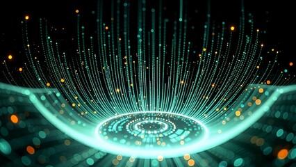 eyeball in circular digital and curve fiber optic light trail in fantasy, magic and magical sci-fi background