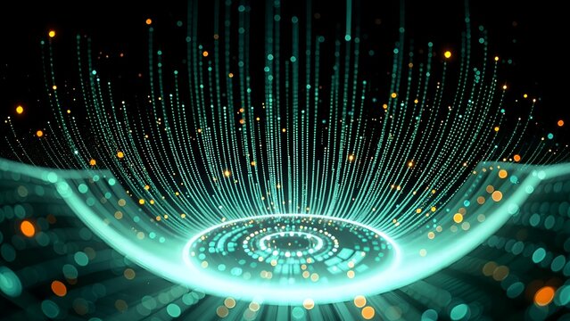 eyeball in circular digital and curve fiber optic light trail in fantasy, magic and magical sci-fi background