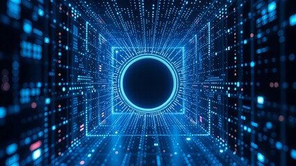 Fototapeta premium digital vortex circle tunnel data stream grid neon line and code floating in cyber space, intricate circuit pattern