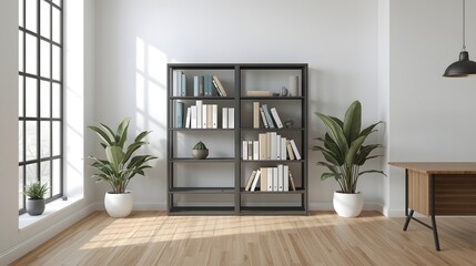Sunlit modern interior featuring a tall bookshelf, indoor plant, and wooden floor in a bright minimalist workspace with large window light creating a calm contemporary atmosphere perfect for design ba