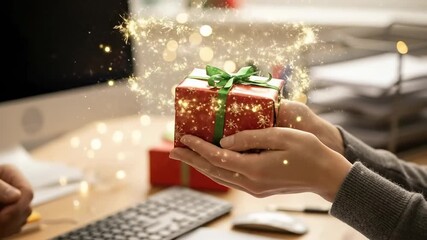 Close-up of two adults exchanging a festive red Christmas gift box with green ribbon and magical golden sparkles in a professional office environment