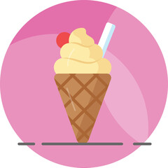 Soft Serve Ice Cream Cone with Cherry Topping and Blue Straw on a Pink Background with Geometric Shapes