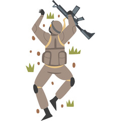 Soldier in Tan Uniform Falls Holding Rifle with Green Grass and Brown Debris on Transparent Background