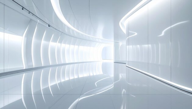 Experience a pristine, futuristic white corridor designed with elegant curves and dynamic illumination, embodying cutting-edge architecture, advanced technology, and a visionary path forward