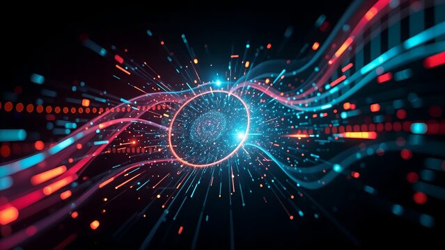 digital cosmic circular music disc vortex  swirl of light and vibrant line motion movement flow