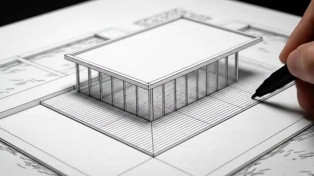 Close-up of a hand drawing a 3D architectural sketch with a pen on a blueprint with a technical and creative mood.