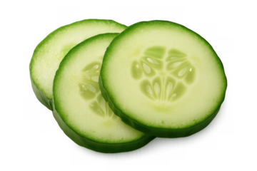 Fresh cucumber slices revealing green skin and pale interior, showing seeds on a transparent background