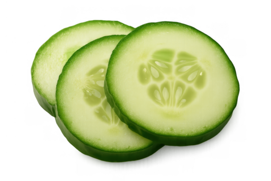 Fresh cucumber slices revealing green skin and pale interior, showing seeds on a transparent background