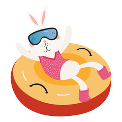 Rabbit snow tubing isolated on transparent. Hand drawn flat vector illustration. Cute cartoon character. Traditional Christmas, New Year design element, clip art
