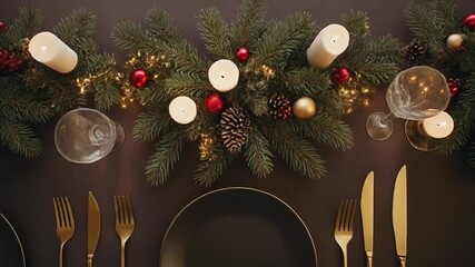 Festive dining table setting with Christmas garland, candles, and elegant cutlery. - Powered by Adobe