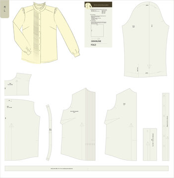Long sleeve blouse sewing pattern with vertical pintucks along the button placket, ruffled mandarin collarand cuffs.Tailored fit with darts. Medium size.