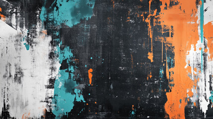 Artistic black and white background featuring vibrant orange and teal splashes, creating dynamic and modern visual effect suitable for presentations or creative projects
