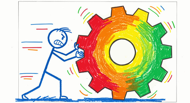 Doodle of a stick figure struggling to push a large, colorful gear, representing the immense effort, challenges, and perseverance involved in driving progress and overcoming obstacles