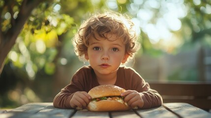 A young Caucasian boy with curly hair sits at a wooden table, holding a healthy vegetable sandwich. Sunlight filters through green leaves in the background.