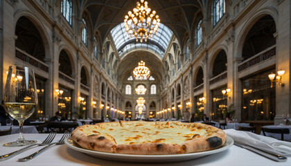 A delicious cheesy pizza presented on a table in a grand, ornate building, evoking a fine dining experience
