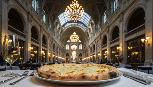 A delicious cheesy pizza presented on a table in a grand, ornate building, evoking a fine dining experience