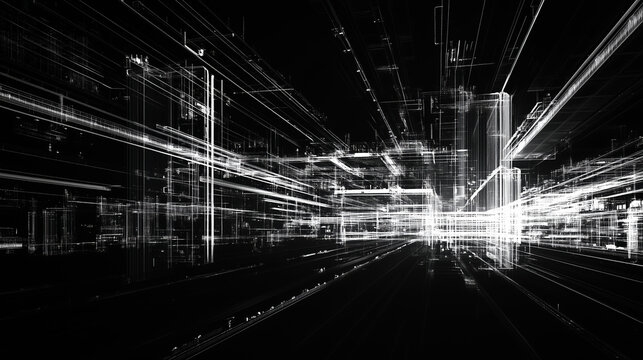 Abstract black and white diagram of infrastructure architecture, showcasing dynamic lines and structures that create sense of depth and movement, evoking futuristic atmosphere
