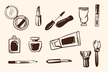 Set of hand drawn skincare and beauty product illustration. Minimalist set of cosmetics, makeup tools, cream tubes, bottles, and brushes. Vector illustration. 