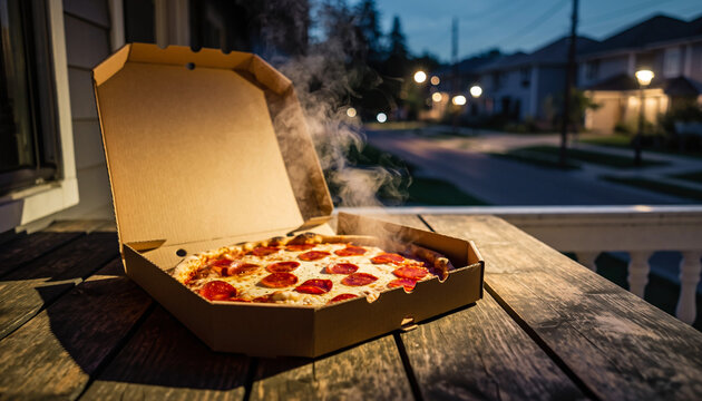 A freshly delivered pepperoni pizza steams in its open box on a wooden porch during a quiet suburban evening