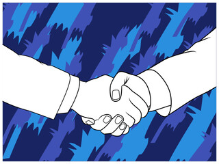 A black and white comic-style handshake illustration over an abstract blue and black background. Perfect for designs that convey partnership, deal-making, agreement, or success in business